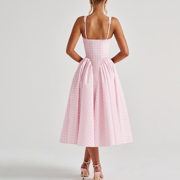 ✨ NEW Pink Gingham Print Full Skirt Midi Dress - Picture 4 of 15